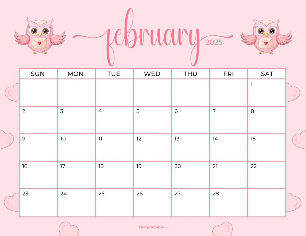 Printable February Calendar 2025 Valentines Day Template 20