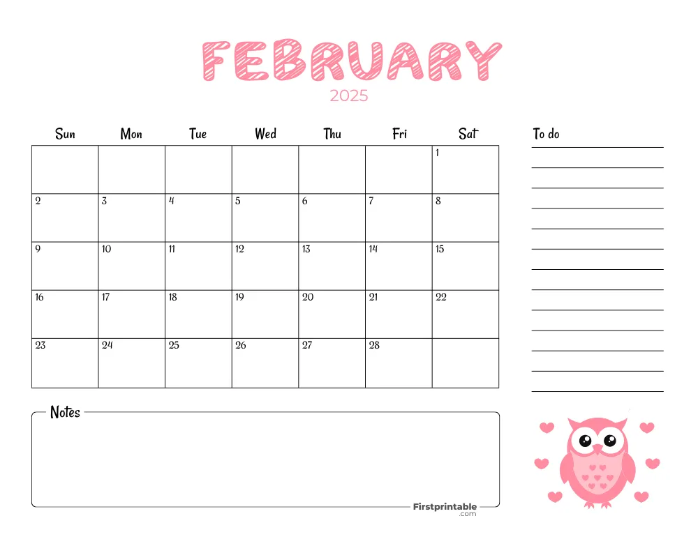 Printable February Calendar 2025 Valentines Day Template 23