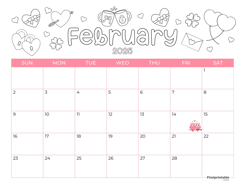 Printable February Calendar 2025 Valentines Day Template 25