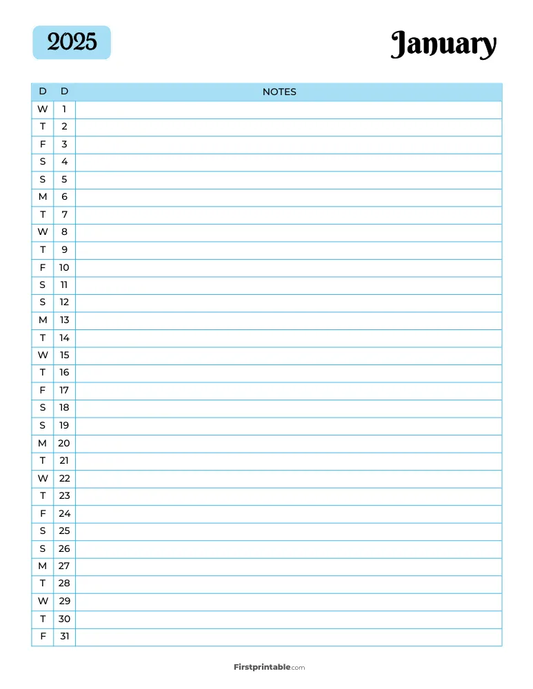 Printable January Calendar 2025 Template 13