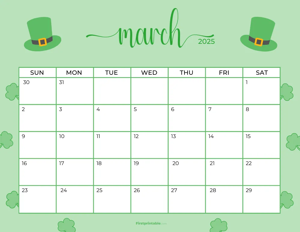 Printable March Calendar 2025 St Patrick's Day Template 20