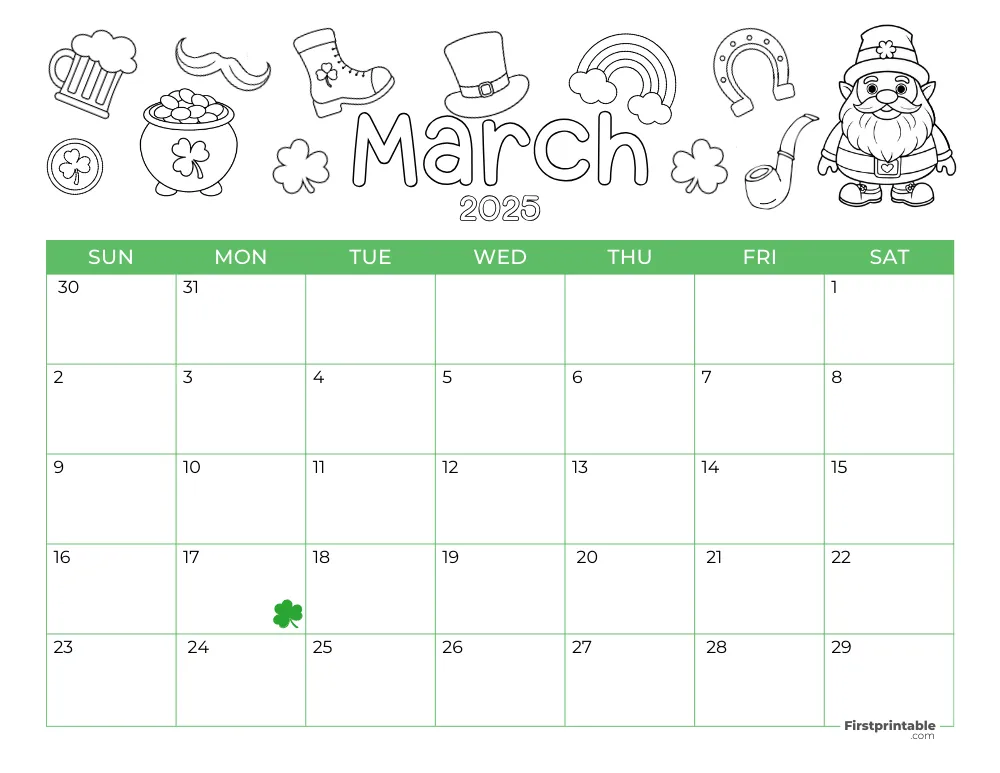 Printable March Calendar 2025 St Patrick's Day Template 25