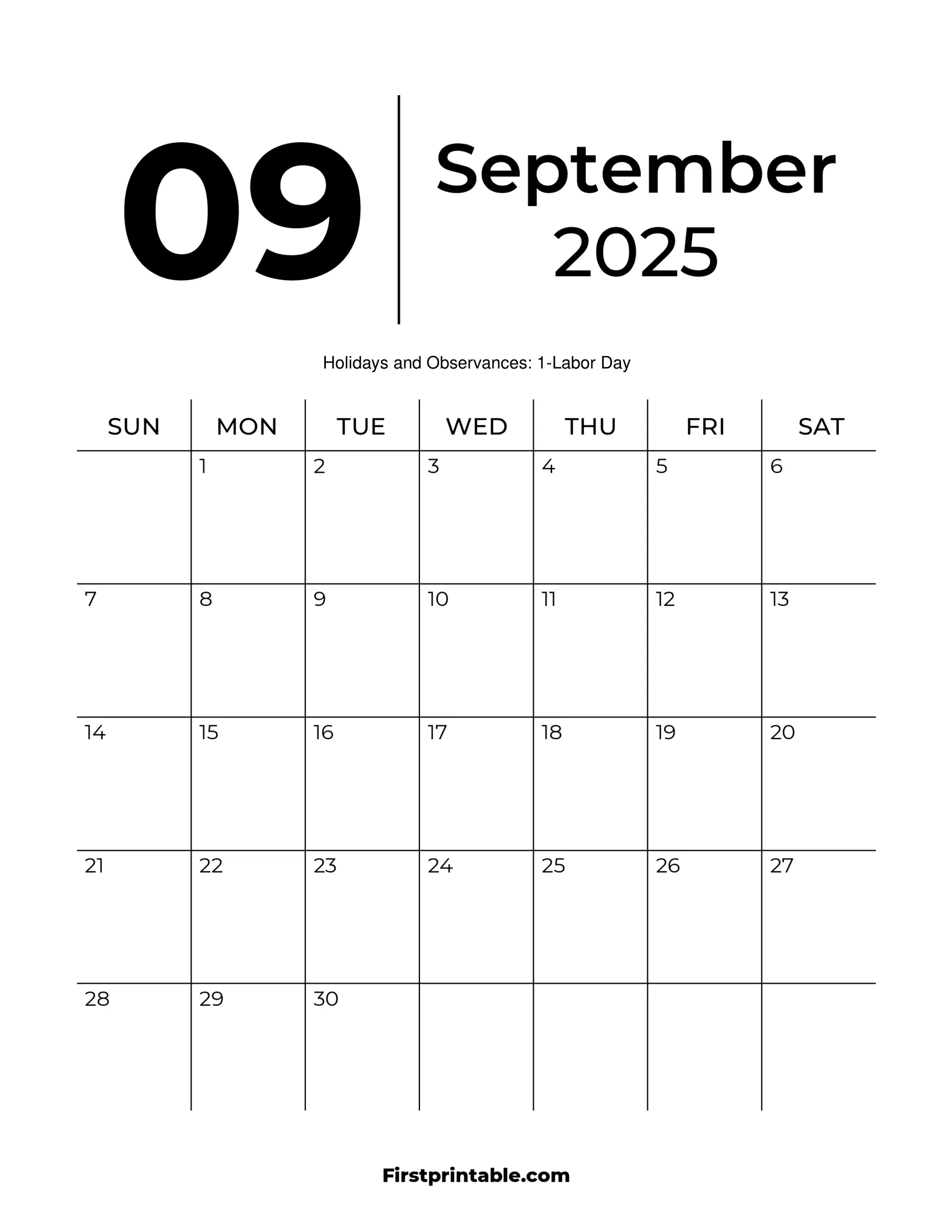 Printable September 2025 Calendar Template