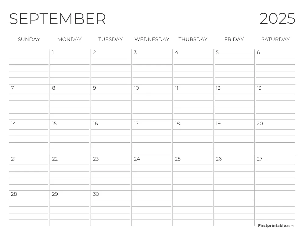 September 2025 Calendar with lines