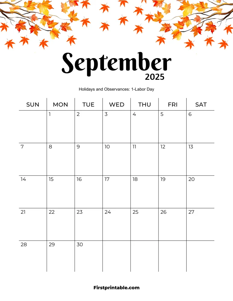 September Calendar 2025 Fall Theme