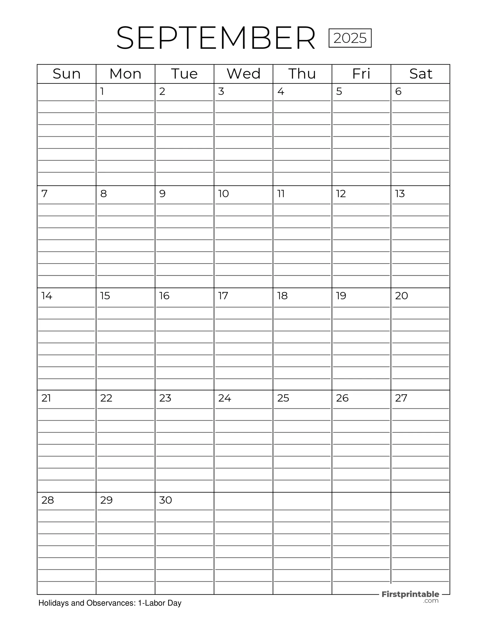 September Calendar 2025 with Lines