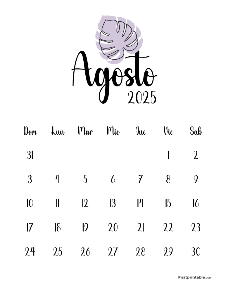 Spanish Cute Monstera August 2025 Calendar