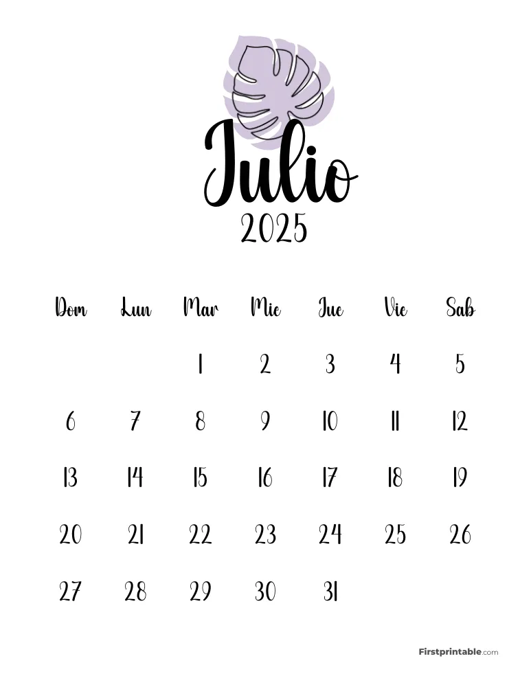 Spanish Cute Monstera July 2025 Calendar