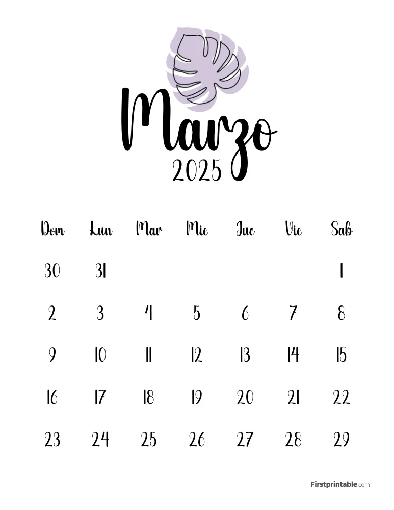 Spanish Cute Monstera March 2025 Calendar