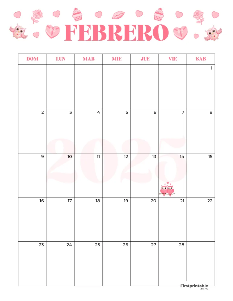 Spanish February Calendar 2025 Valentines Day Template 30