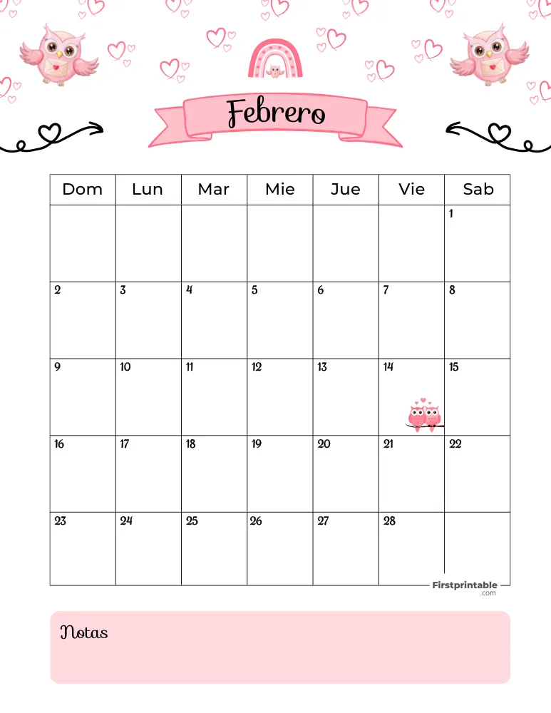 Spanish February Calendar 2025 Valentines Day Themed Template 28