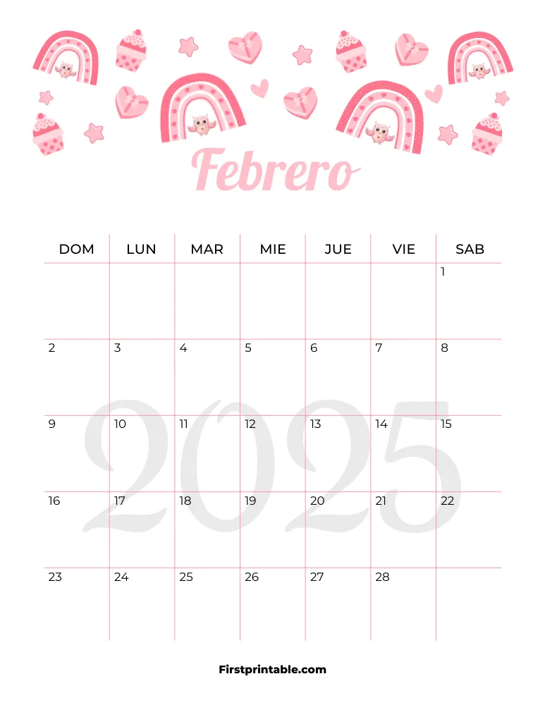 Spanish February Calendar 2025 Valentines Day Themed Template 29