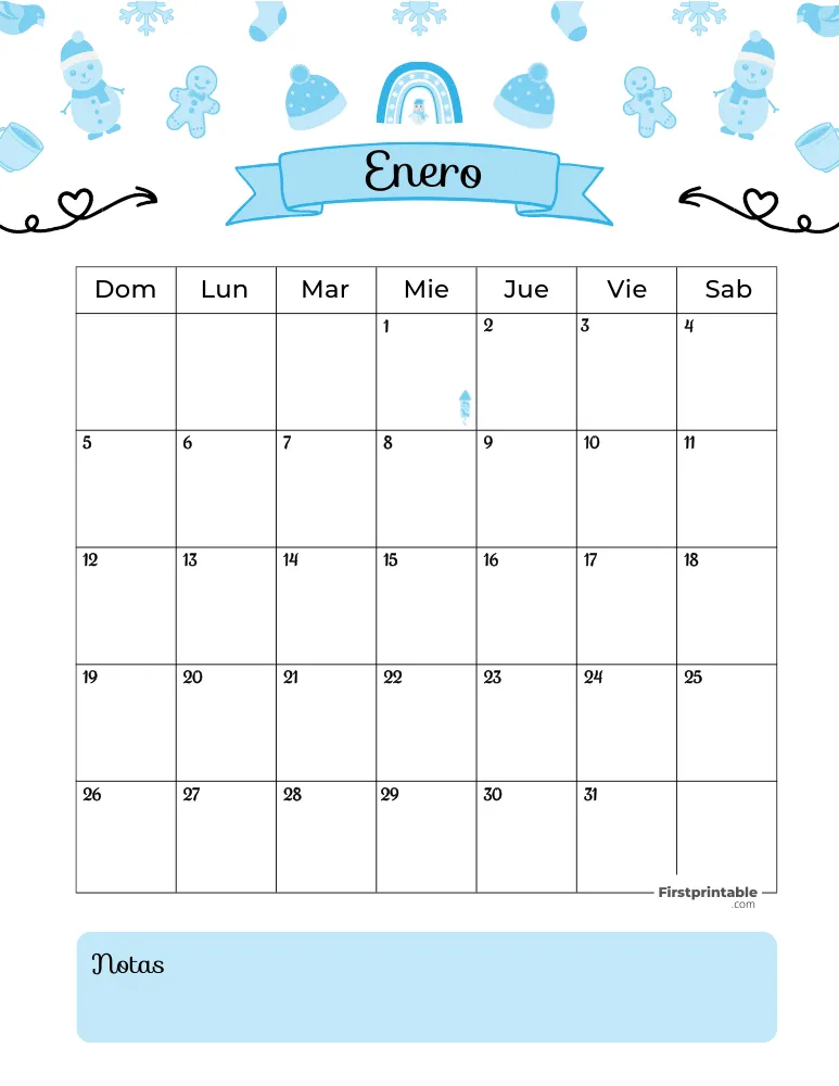 Spanish January Calendar 2025 Winter Template 28