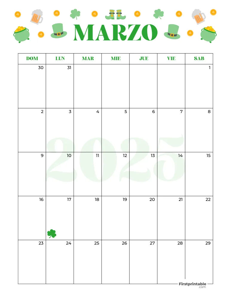 Spanish March Calendar 2025 St Patrick's Day Template 30