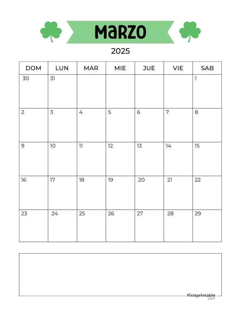 Spanish March Calendar 2025 St Patrick's Day Template 31