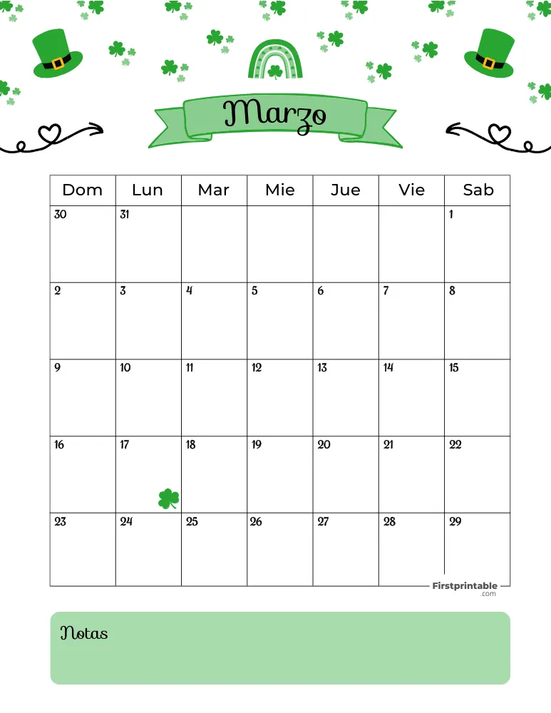 Spanish March Calendar 2025 St Patrick's Day Themed Template 28