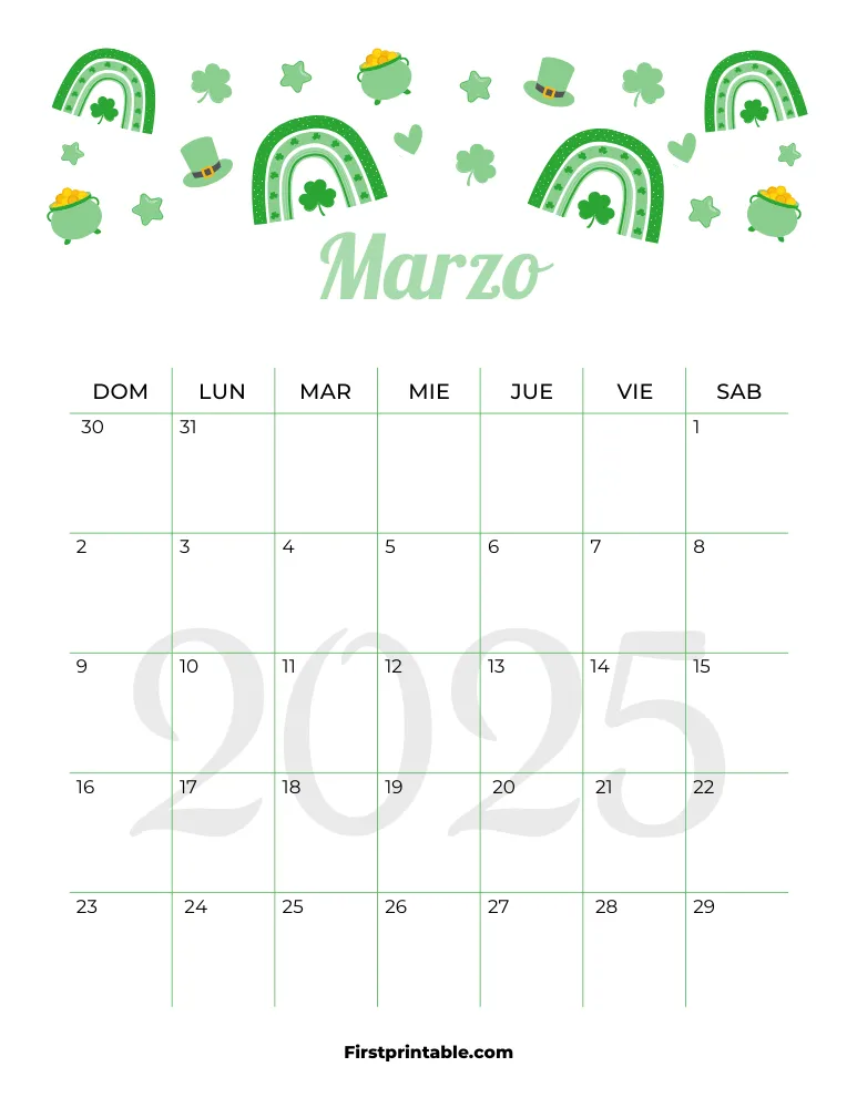 Spanish March Calendar 2025 St Patrick's Day Themed Template 29