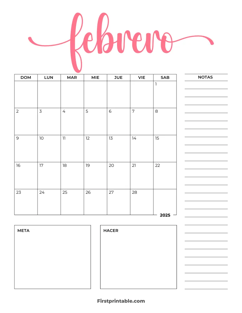 Spanish Printable February Calendar 2025 Template 32