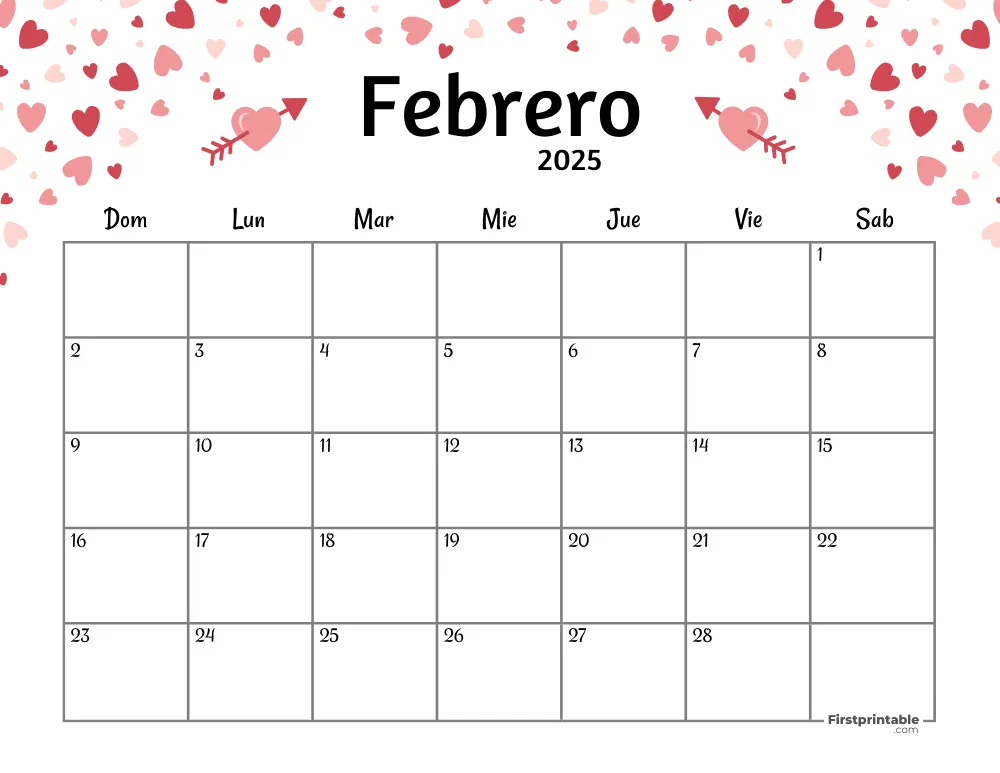 Spanish Printable February Calendar 2025 Valentines Day Template 46