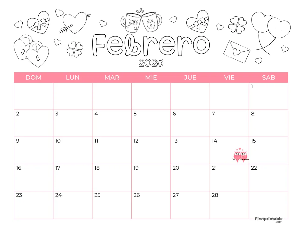 Spanish Printable February Calendar 2025 Valentines Day Template 47