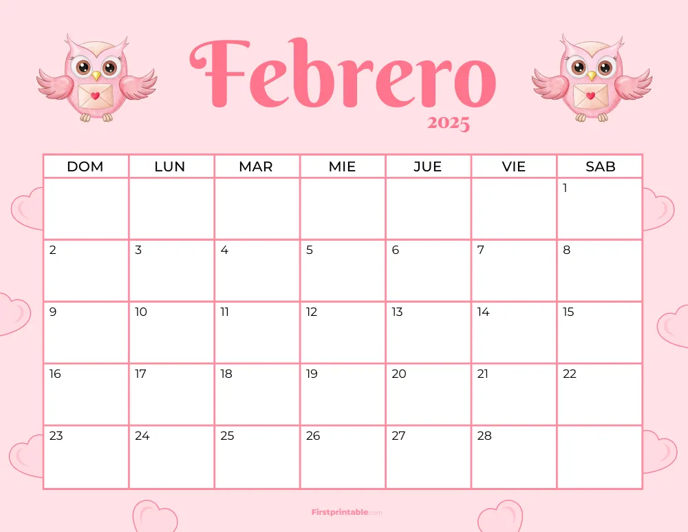 Spanish Printable February Calendar 2025 Valentines day Themed Template 44