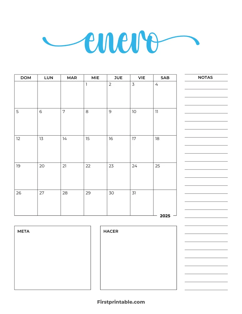 Spanish Printable January Calendar 2025 Template 32