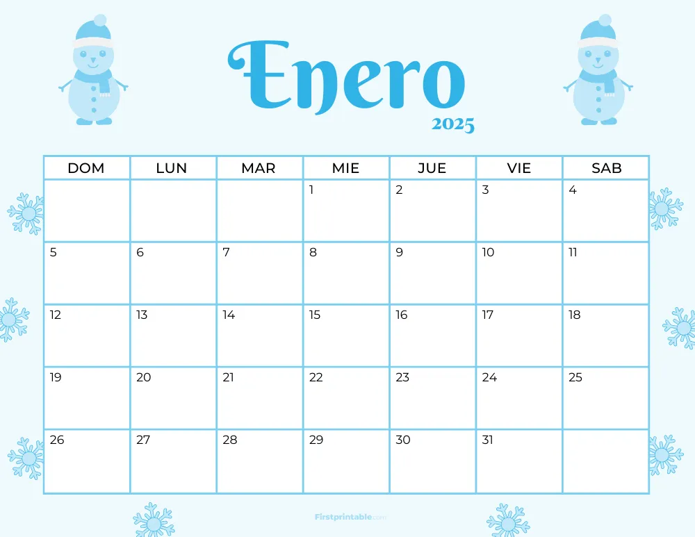 Spanish Printable January Calendar 2025 Winter Template 44