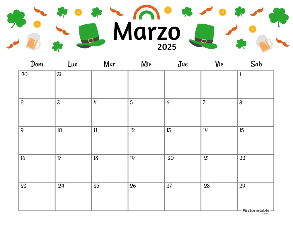 Spanish Printable March Calendar 2025 St Patrick's Day Template 46