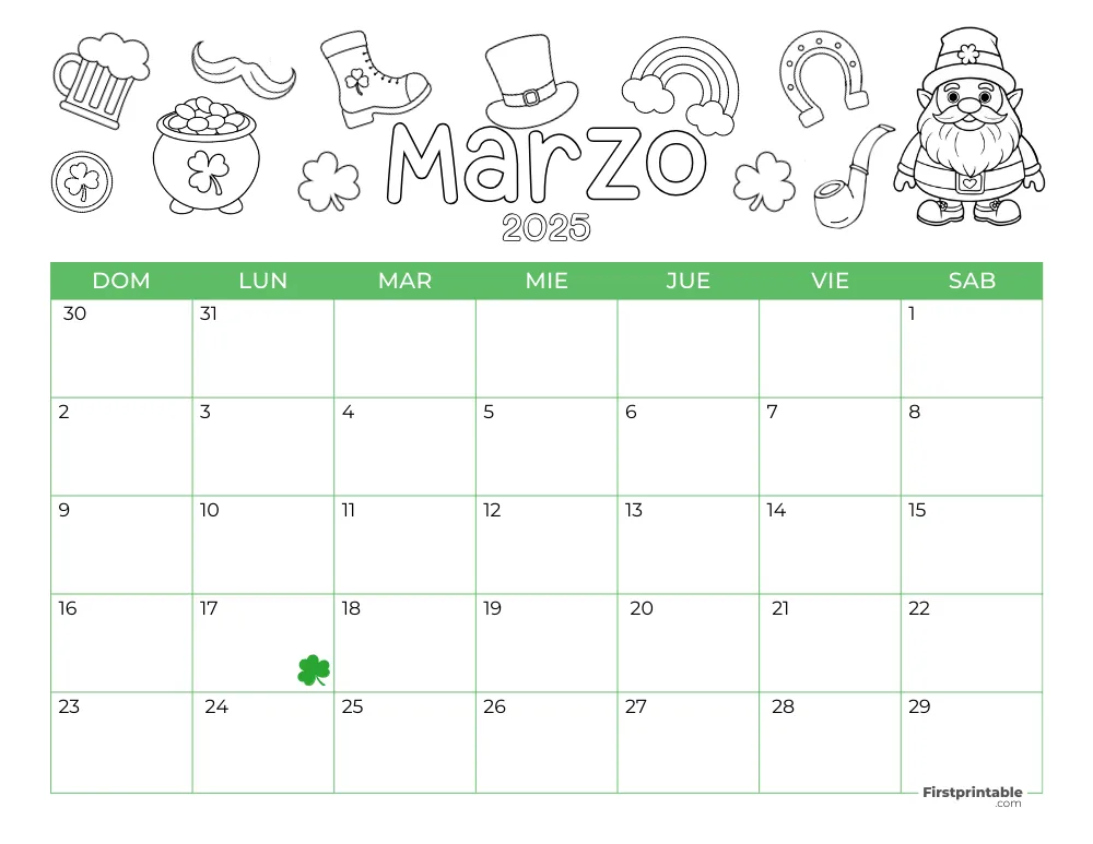 Spanish Printable March Calendar 2025 St Patrick's Day Template 47