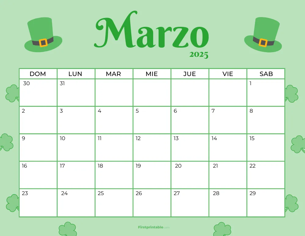 Spanish Printable March Calendar 2025 St Patrick's Day Themed Template 44