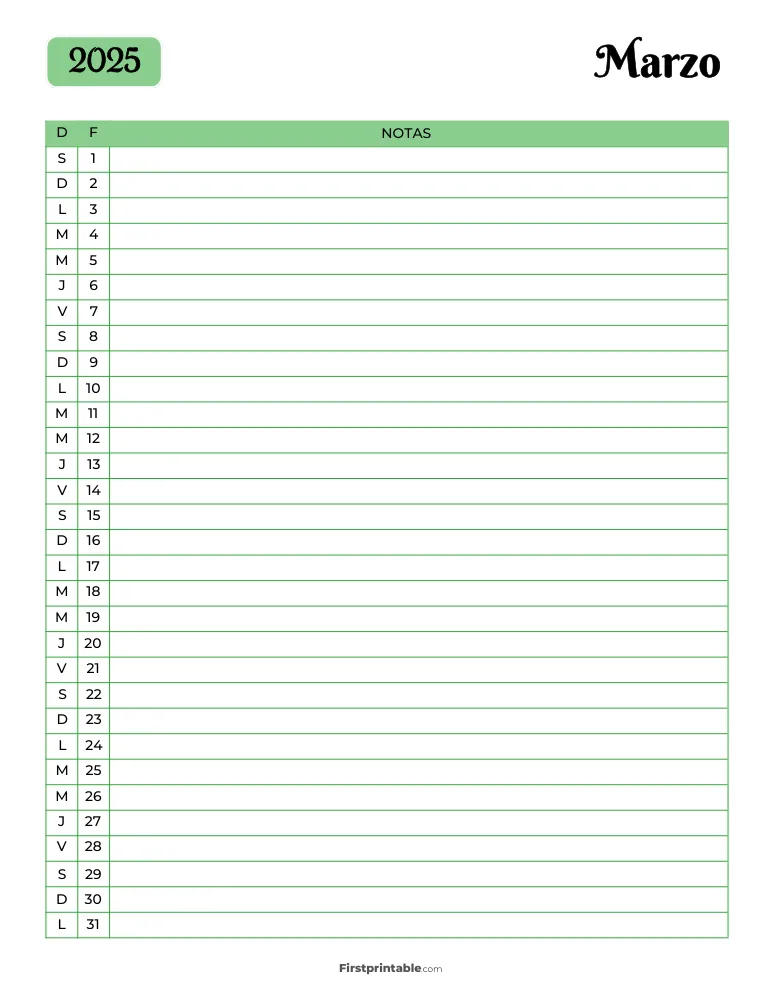 Spanish Printable March Calendar 2025 Template 35