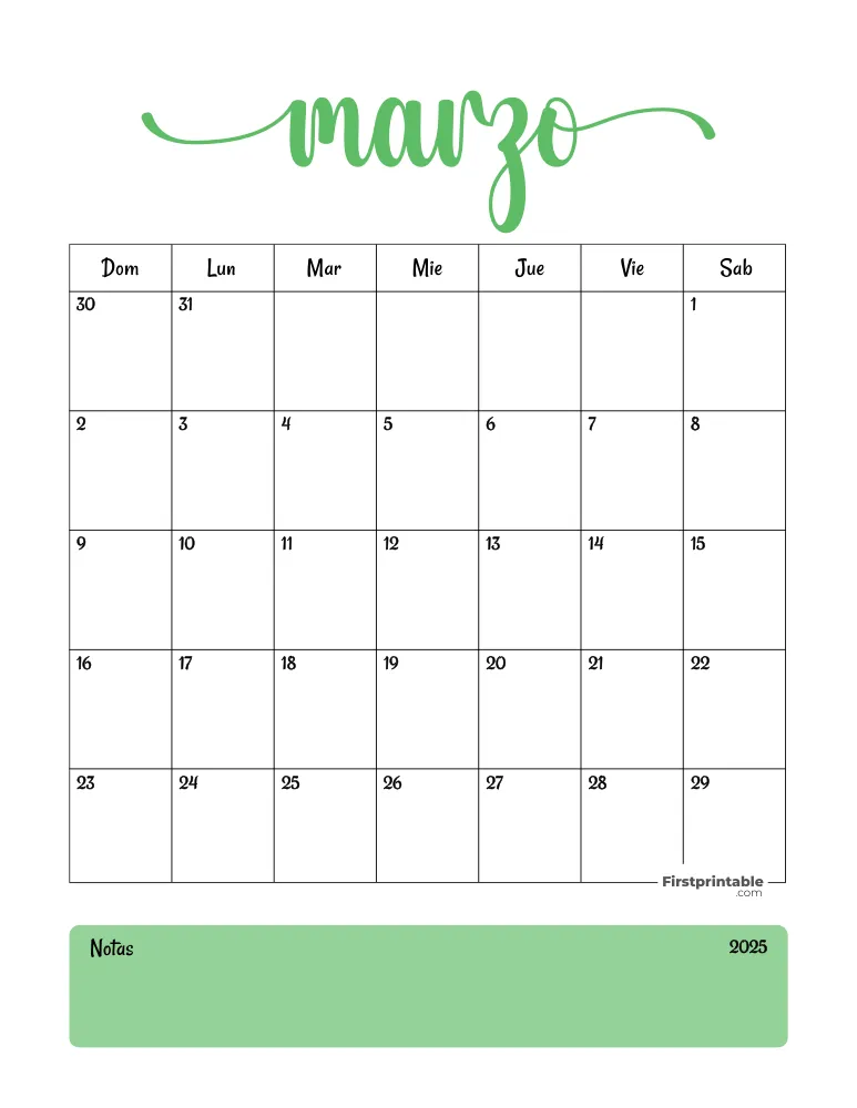 Spanish Printable March Calendar 2025 Template 36