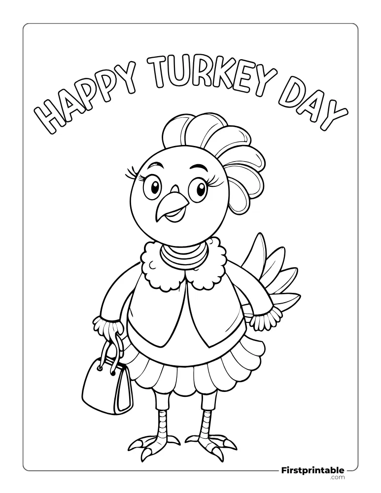 Cute Turkey Having Handbag Coloring Sheet