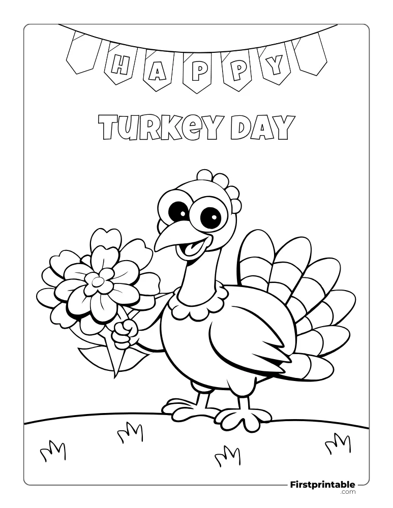 Turkey with Bouquet Coloring Page