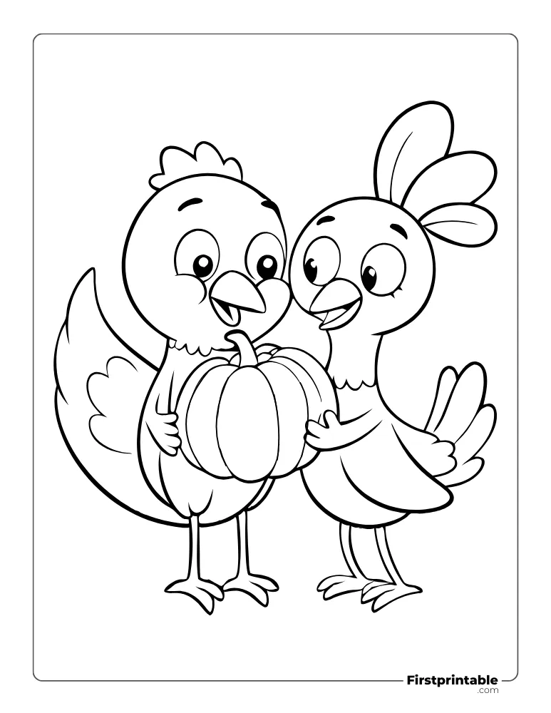 Couple Turkey Holding Pumpkin for Preschoolers to Color