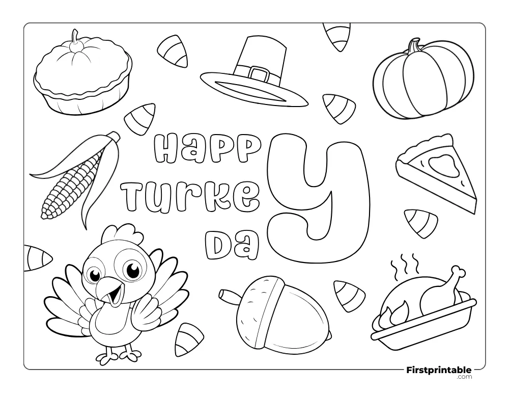 "Happy Turkey Day" Coloring Page for Preschool