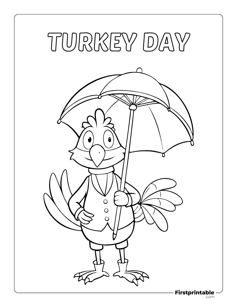 Turkey with Umbrella "Turkey Day" to Color