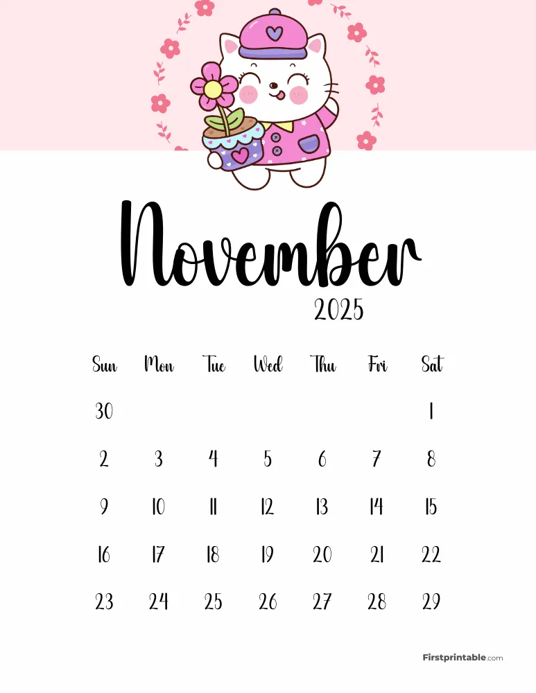 Cute Cat November 2025 Calendar