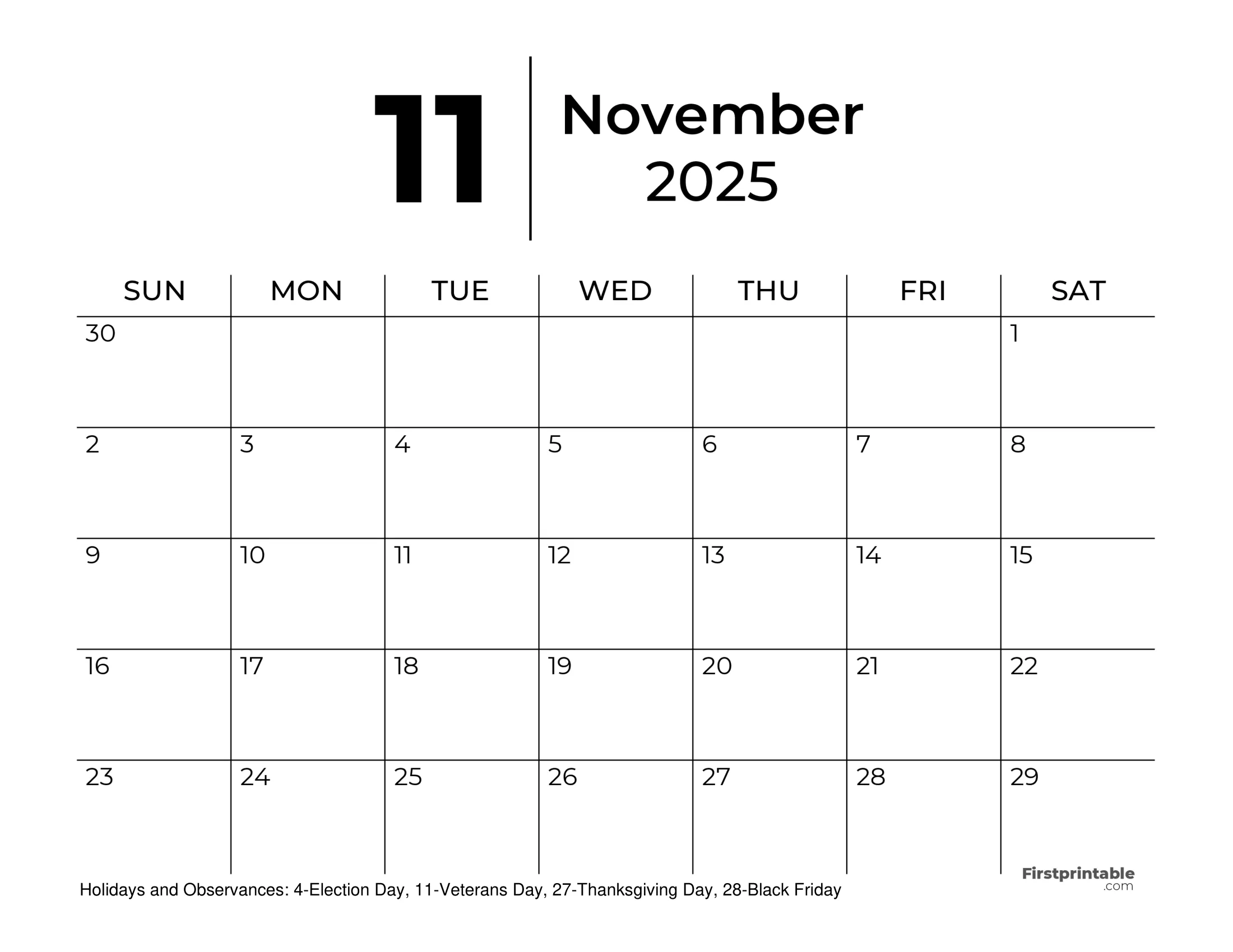 Free Printable November 2025 Calendar