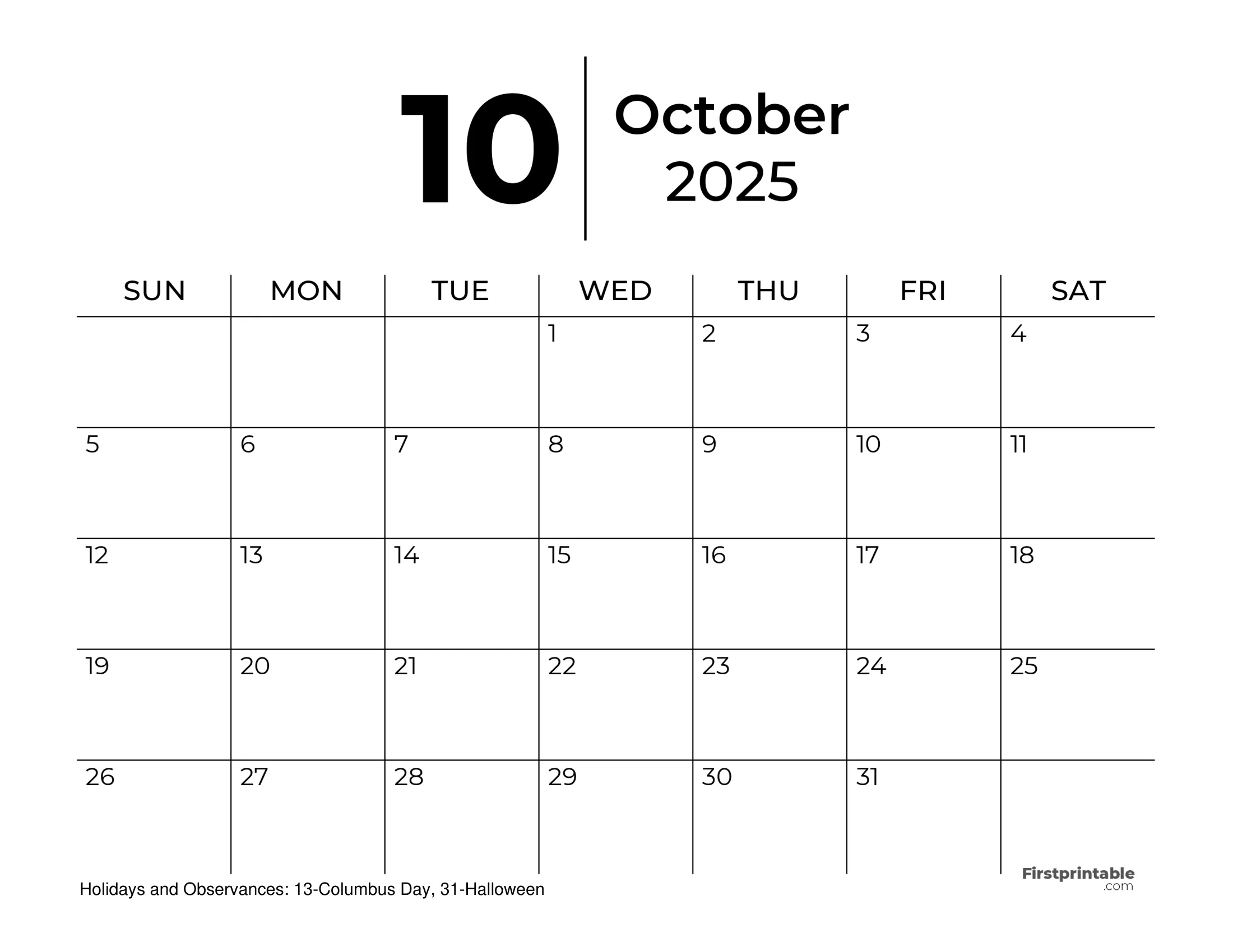 Free Printable October 2025 Calendar