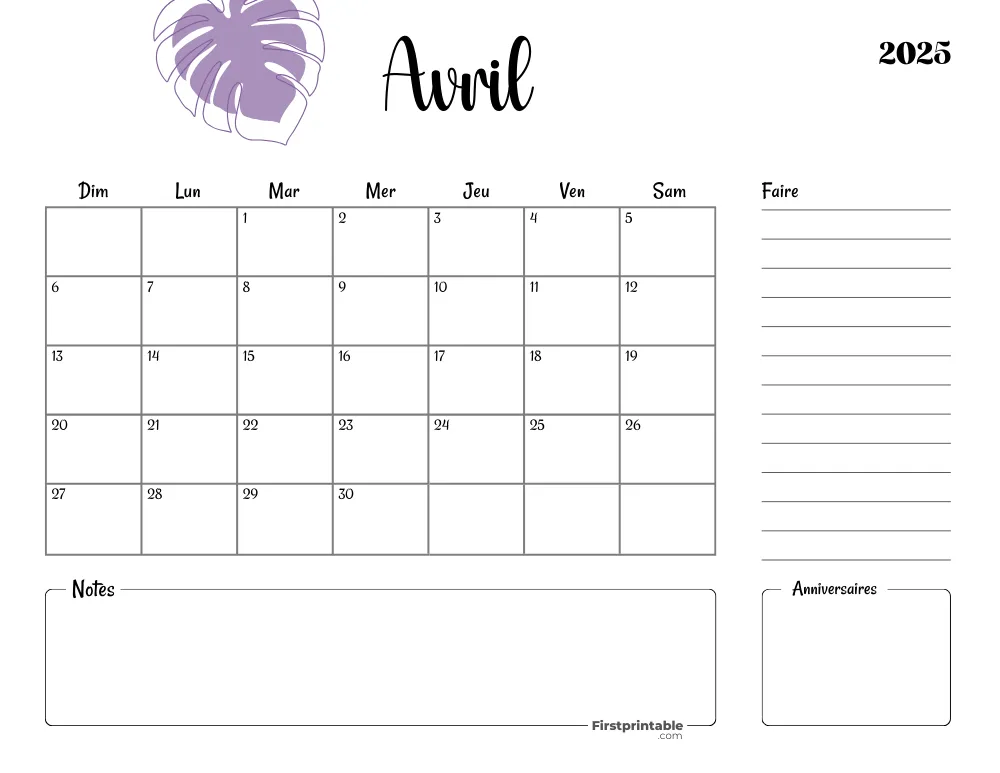 French Printable April Calendar 2025 Template 53