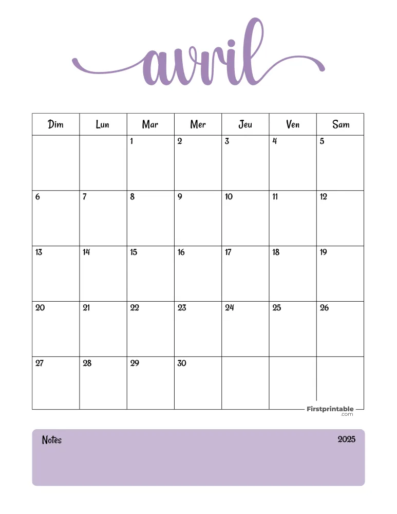 French Printable April Calendar 2025 Template 54