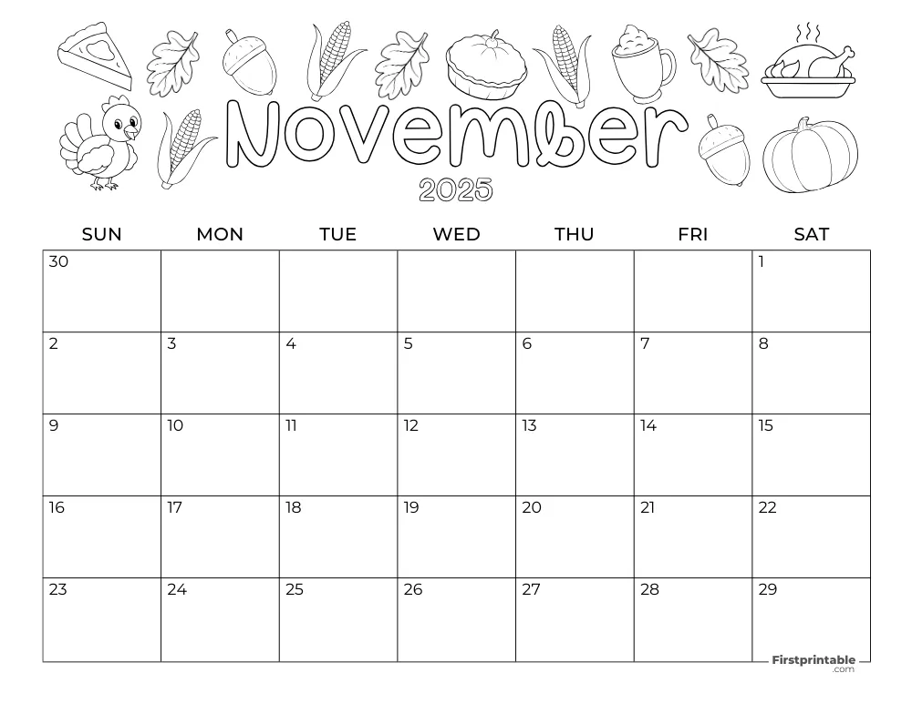 November 2025 Calendar Thanksgiving Day Themed