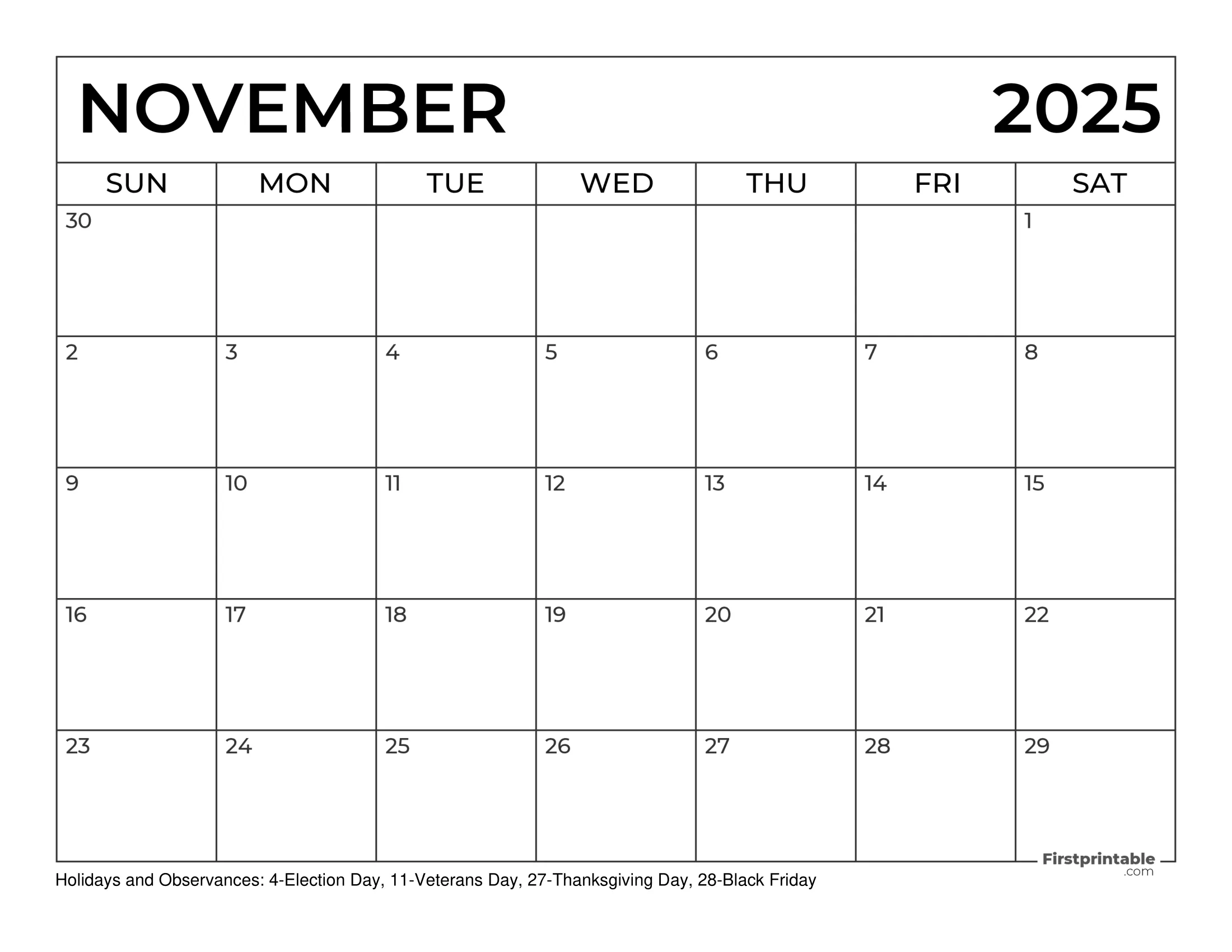 November 2025 Calendar with Holidays