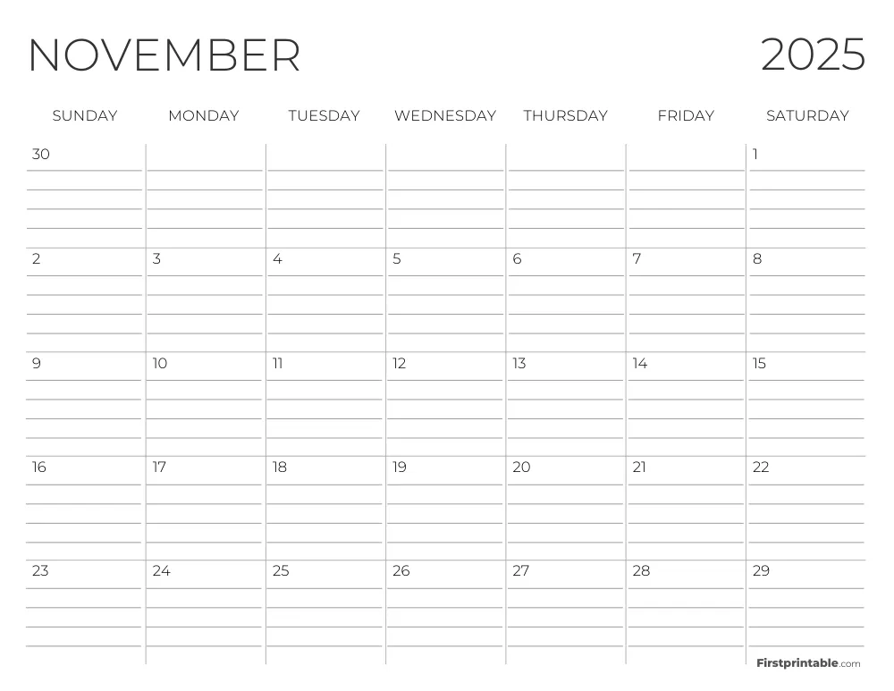 November 2025 Calendar with lines