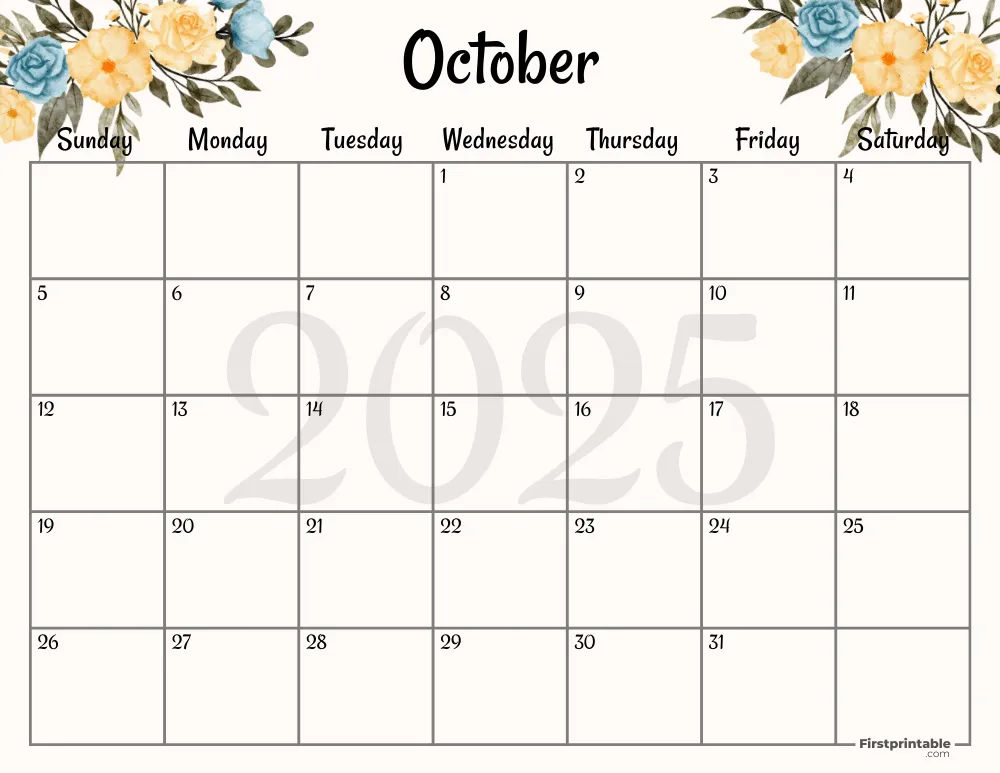 October 2025 Calendar Floral 02