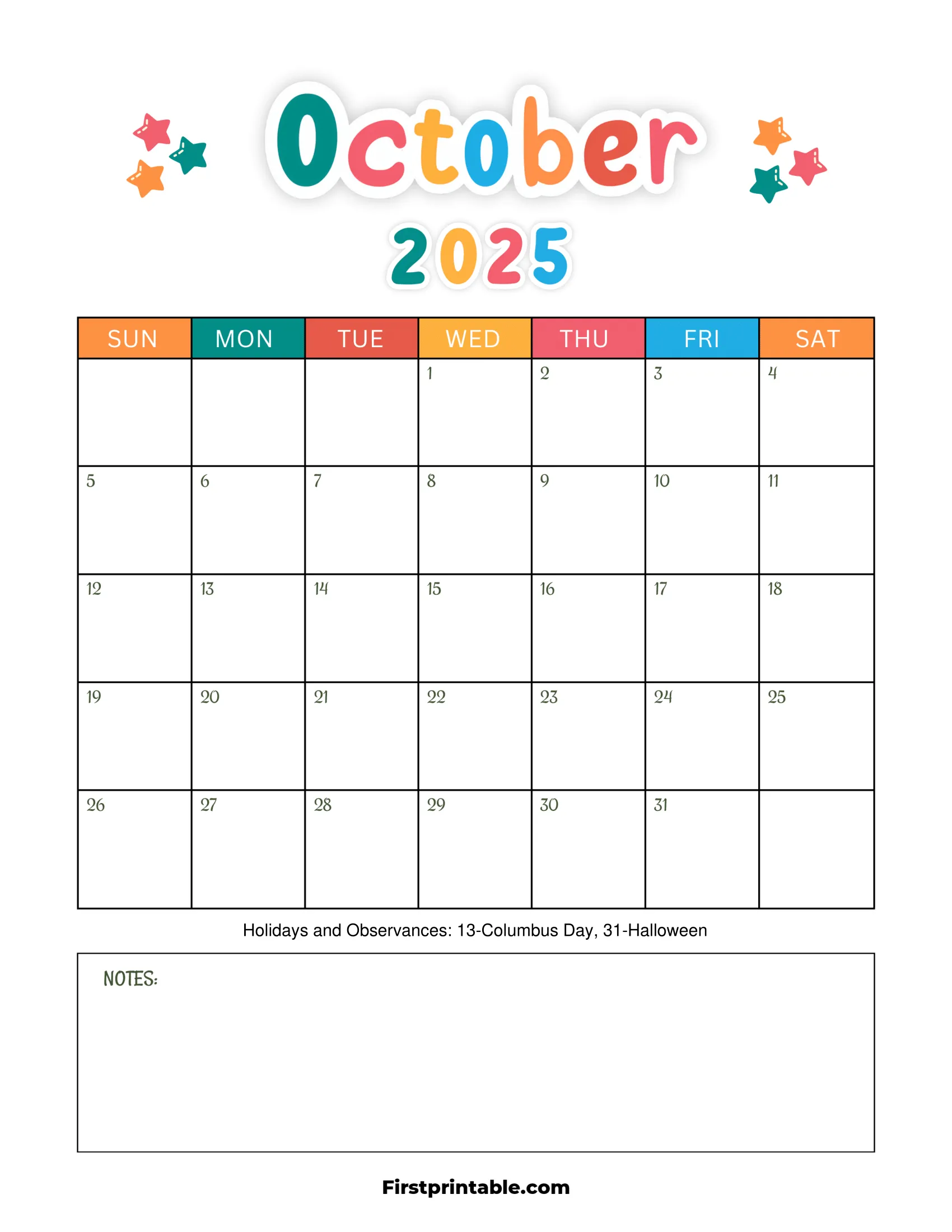 October 2025 Calendar Kids