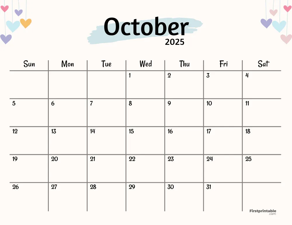 October 2025 Calendar Watercolor