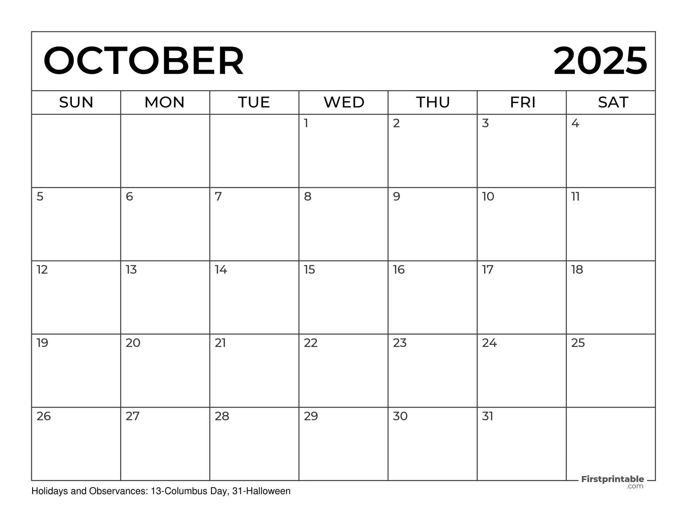 October 2025 Calendar with Holidays