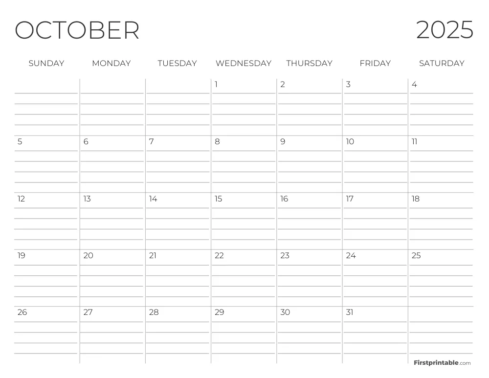 October 2025 Calendar with lines